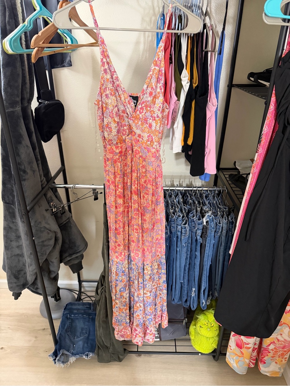 Angie Pink Coral Floral Tiered Maxi Dress